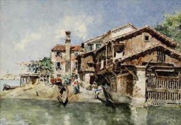 Off A Canal In Venice With Santa Maria Della Salute In The Distanceto The Left Oil Painting by Federico del Campo