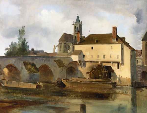 Moret sur Loing, the Bridge and the Church Oil Painting by Jean-Baptiste-Camille Corot