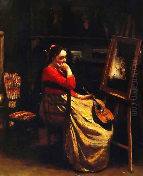 Artist's Studio, Young Woman with a Mandolin Oil Painting by Jean-Baptiste-Camille Corot