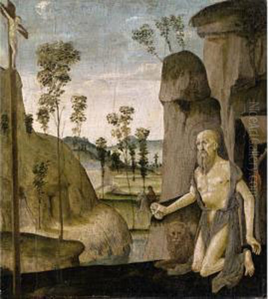 Saint Jerome In The Wilderness Oil Painting by Jacopo Del Sellaio