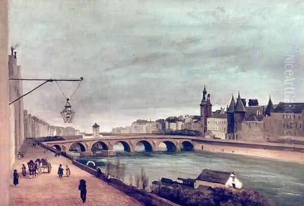 View of the Pont au Change from Quai de Gesvres, Summer 1830 Oil Painting by Jean-Baptiste-Camille Corot