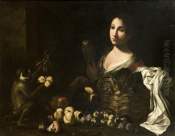 Ragazza Con Cesta Di Frutti, Una Scimmietta E Una Civetta Oil Painting by Simone Del Tintore