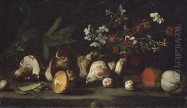 Mushrooms, Mange Tout, Apples, An Artichoke And Flowers On A Stoneledge Oil Painting by Simone Del Tintore