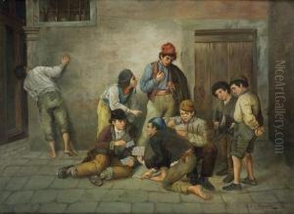 Ragazzi Al Gioco Delle Carte Oil Painting by Giulio Del Torre