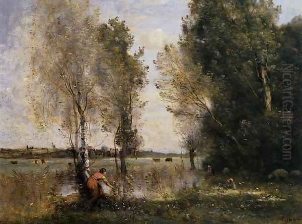 Woman Picking Flowers in a Pasture Oil Painting by Jean-Baptiste-Camille Corot