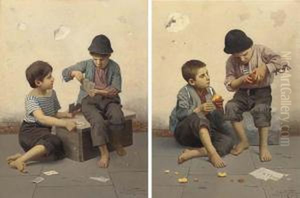 Boys Peeling Oranges; And Boys Playing Cards Oil Painting by Giulio Del Torre