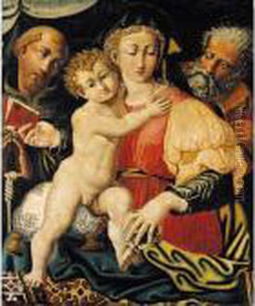 The Holy Family With A Franciscan Friar Oil Painting by Perino del Vaga (Pietro Bonaccors)