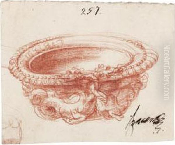 Design For A Bowl, Decorated With Intertwined Dragons Oil Painting by Perino del Vaga (Pietro Bonaccors)