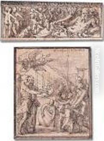 Two Studies For Architectural 
Decoration: A) A Reclining River God With Putti; B) A Harbour Scene With
 A Soldier Being Crowned By Victory Oil Painting by Perino del Vaga (Pietro Bonaccors)