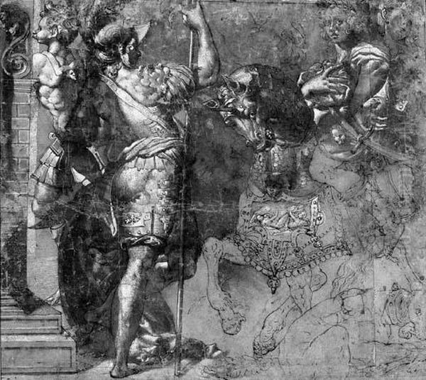 A Warrior On A Horseback And Two Standing Soldiers Oil Painting by Perino del Vaga (Pietro Bonaccors)