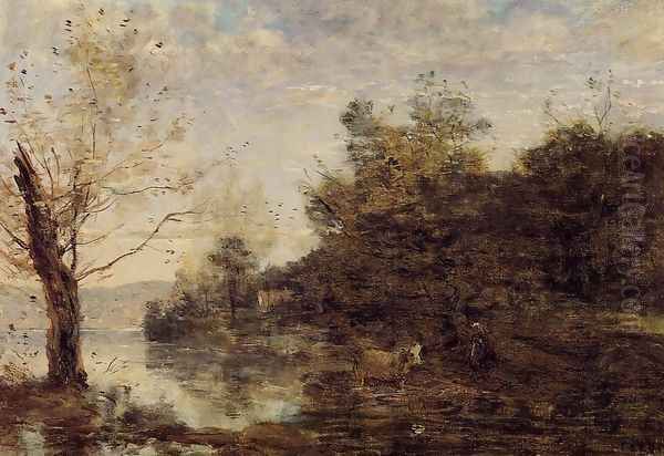 Cowherd by the Water Oil Painting by Jean-Baptiste-Camille Corot