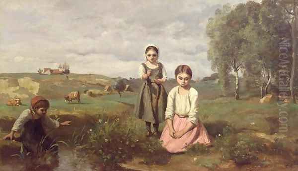 Children beside a brook in the countryside, Lormes Oil Painting by Jean-Baptiste-Camille Corot