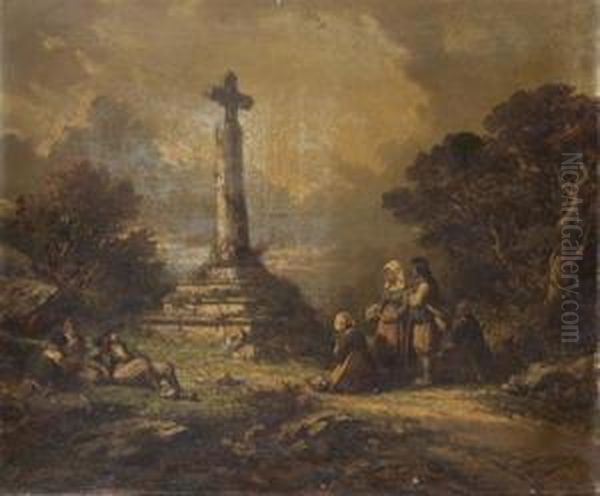 Bretons Priant Devant Un Calvaire Oil Painting by Auguste Delacroix