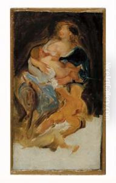 A Mother Nursing A Child With Another Child Standing Besideher Oil Painting by Henry-Eugene Delacroix