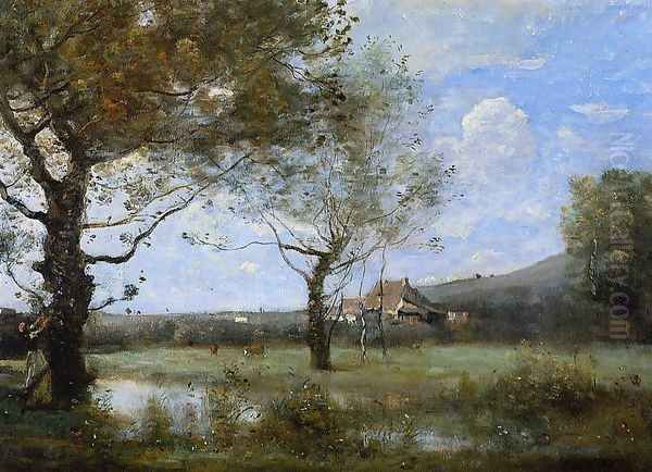 Meadow with Two Large Trees Oil Painting by Jean-Baptiste-Camille Corot