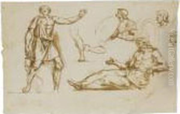 Sheet Of Figure Studies, With Roman Soldiers And Two Draped Figures Oil Painting by Eugene Delacroix