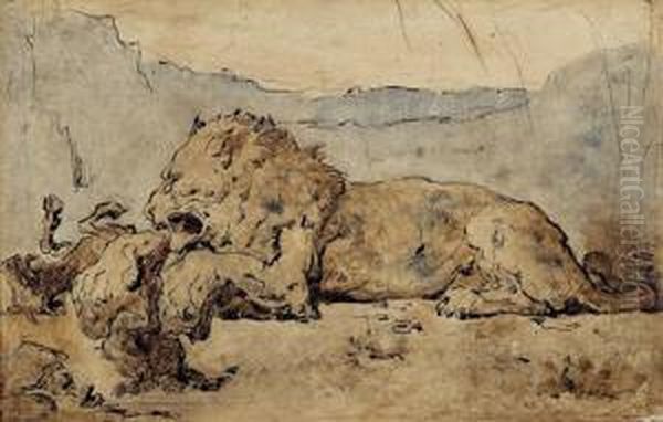 Lion Devorant Une Chevre. Oil Painting by Eugene Delacroix