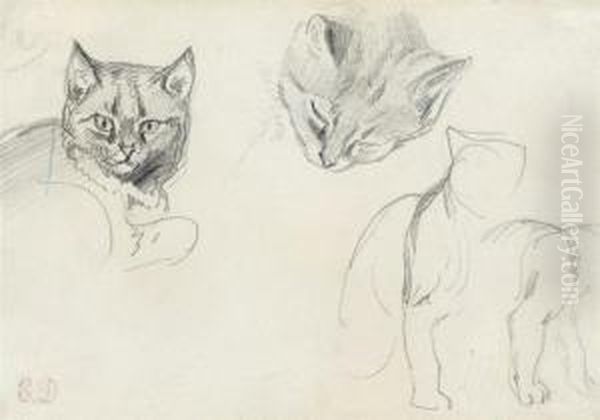 Two Studies Of A Cat's Head, With Subsidiary Sketches Of A Seated Cat Oil Painting by Eugene Delacroix