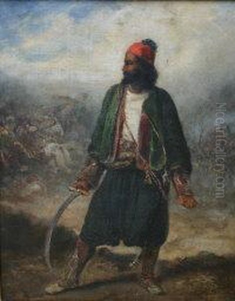 Turkish Swordsman Dressed In Fez
 And Green Jacket, A Curved Sword In His Right Hand, The Battle Raging 
In The Background Behind Him Oil Painting by Eugene Delacroix