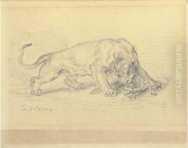 A Lioness Attacking A Crocodile Oil Painting by Eugene Delacroix