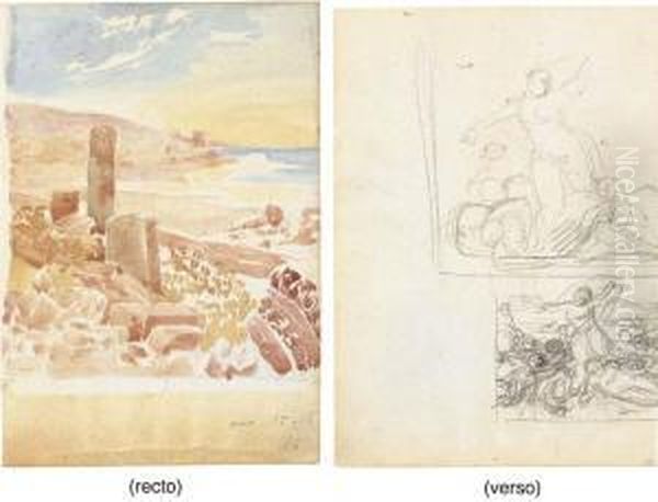 Ruins By The Sea (recto); Study For La Grece Sur Les Ruines Demissolonghi Oil Painting by Eugene Delacroix