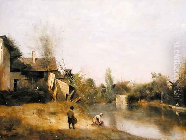 Riverbank at Mery sur Seine, Aube, c.1870 Oil Painting by Jean-Baptiste-Camille Corot