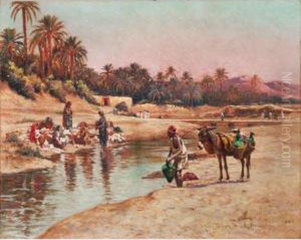 Lavandieres Et Porteur D'eau Oil Painting by Alexis-Auguste Delahogue