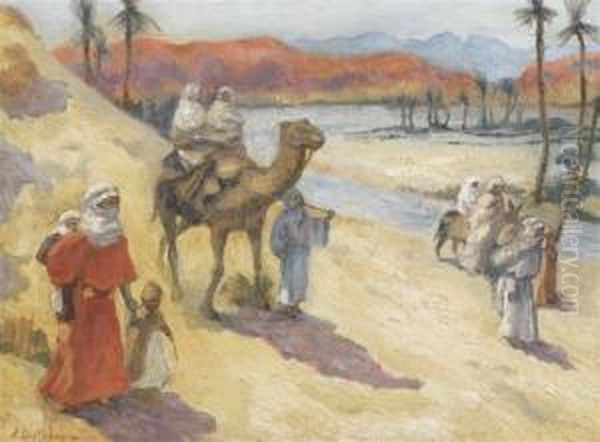 Caravan In A Desert Oil Painting by Alexis-Auguste Delahogue