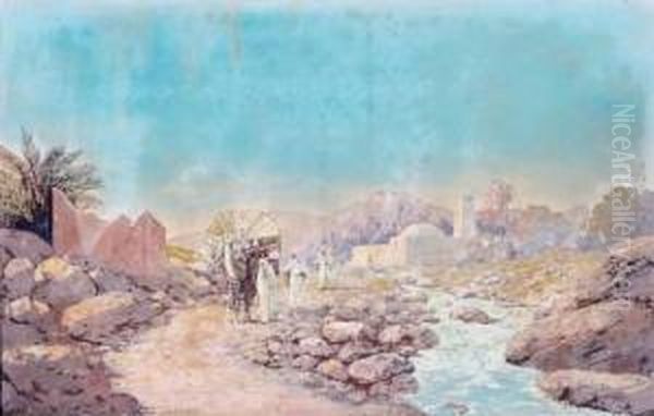 La Caravane Au Bord De L'oued. Oil Painting by Alexis-Auguste Delahogue