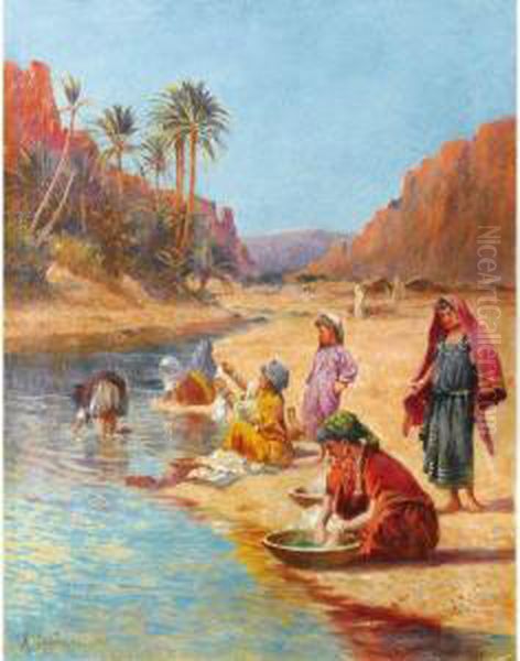 Lavandieres Au Bord De L'oued Oil Painting by Alexis-Auguste Delahogue