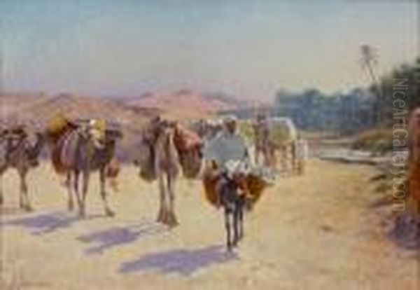 Caravane Quittant La Palmeraie Oil Painting by Alexis-Auguste Delahogue