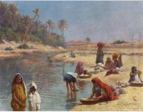 Washerwomen Oil Painting by Alexis-Auguste Delahogue