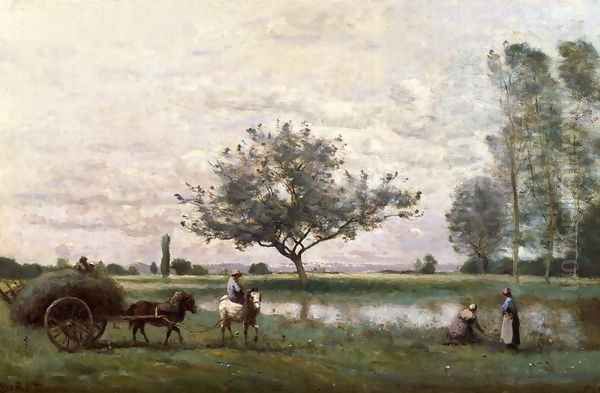 Haycart beside a River Oil Painting by Jean-Baptiste-Camille Corot