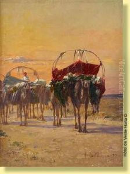 Caravane Dans Le Desert (orientaliste) Oil Painting by Alexis-Auguste Delahogue