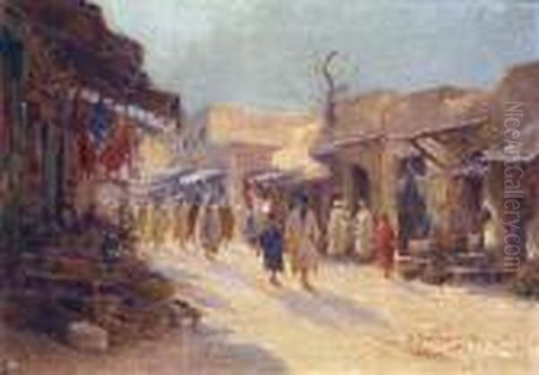 Rue Animee A Sfax Oil Painting by Alexis-Auguste Delahogue