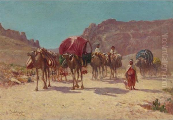 An Algerian Caravan In El Kantara Oil Painting by Alexis-Auguste Delahogue