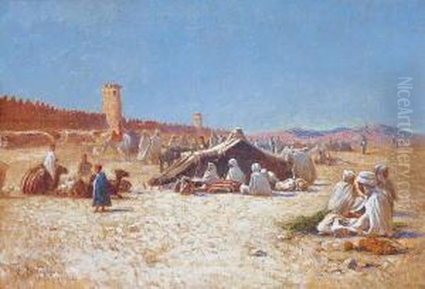 Campement Devant Les Remparts De Figuig Oil Painting by Alexis-Auguste Delahogue