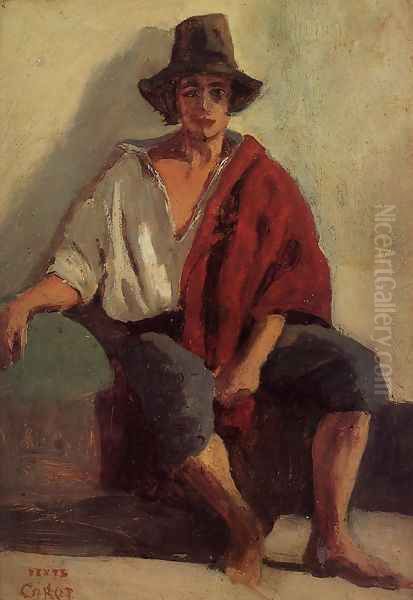 A Seated Italian from Paeigno Facing Front Oil Painting by Jean-Baptiste-Camille Corot