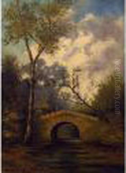 :paysage Au Pont Oil Painting by Eugene Jules Delahogue