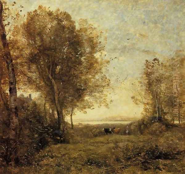 Morning - Woman Hearding Cows Oil Painting by Jean-Baptiste-Camille Corot