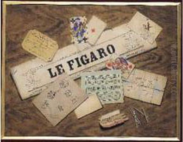 Le Figaro - Trompe-l'oeil Oil Painting by Eugene Jules Delahogue