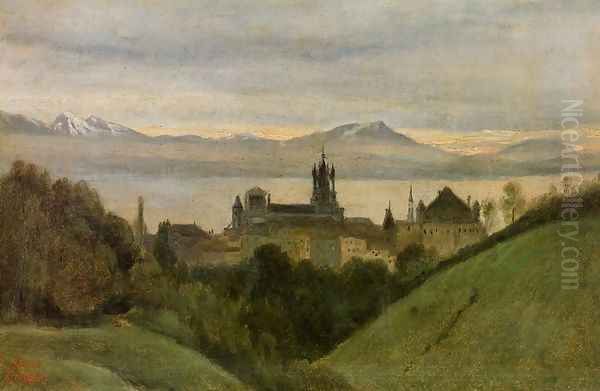 Between Lake Geneva and the Alps Oil Painting by Jean-Baptiste-Camille Corot