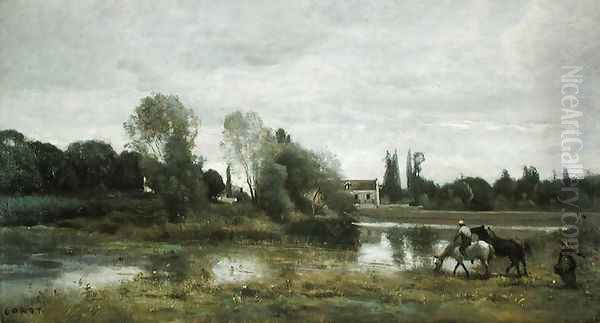 Ville d'Avray, Horses Watering, c.1860-65 Oil Painting by Jean-Baptiste-Camille Corot