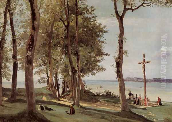 Honfleur - Calvary on the Cote de Grace Oil Painting by Jean-Baptiste-Camille Corot