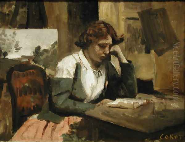 Girl Reading Oil Painting by Jean-Baptiste-Camille Corot