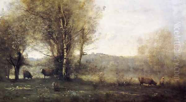 Pond with Three Cows Oil Painting by Jean-Baptiste-Camille Corot