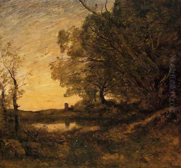 Evening - Distant Tower Oil Painting by Jean-Baptiste-Camille Corot