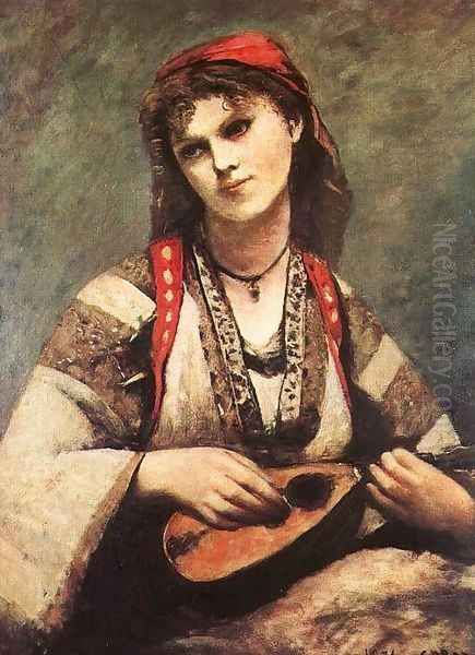 Gypsy with a Mandolin Oil Painting by Jean-Baptiste-Camille Corot