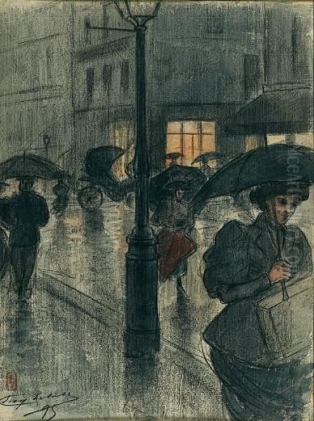 Une Rue De Paris Sous La Pluie La Nuit Oil Painting by Eugene Delatre