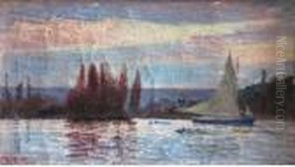 Grebanes Et Barques. Oil Painting by Joseph Delattre